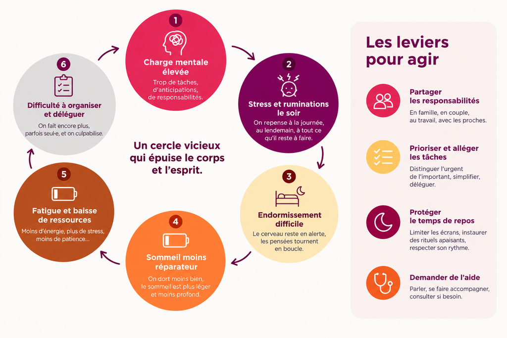 Schéma du cercle vicieux entre charge mentale, stress, sommeil insuffisant et fatigue ©Mutuelle Entrain
